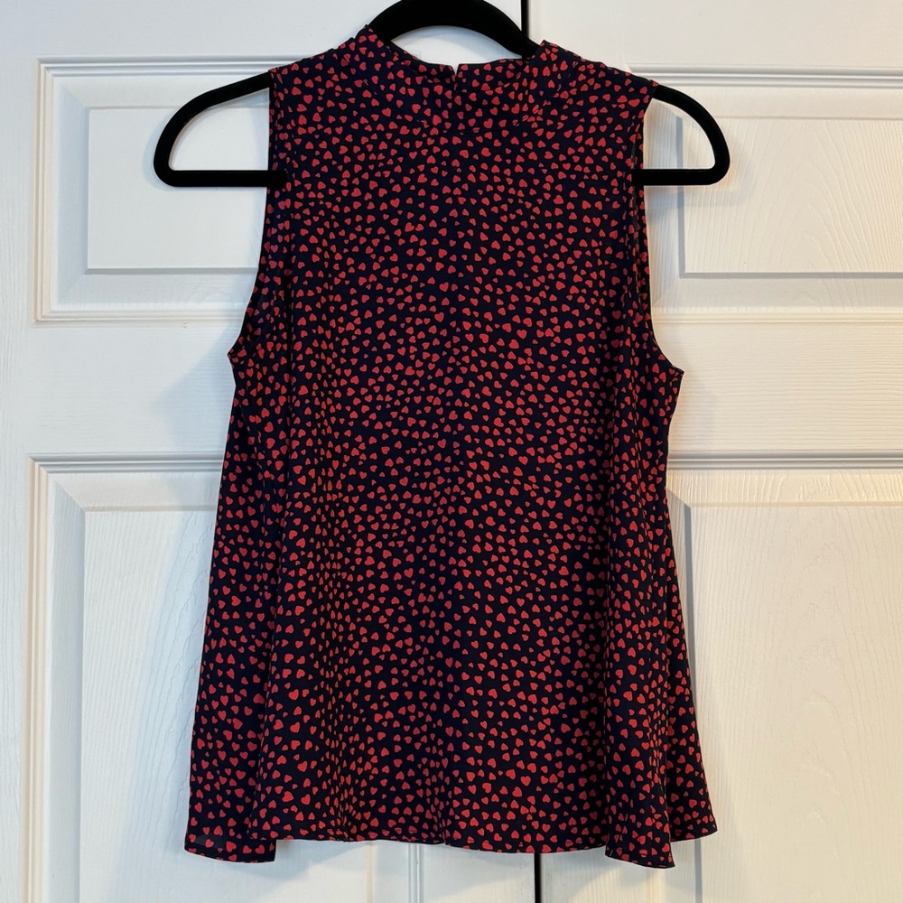 Mock Neck Navy Sleeveless Blouse with Heart Pattern & Button Detail at Neck